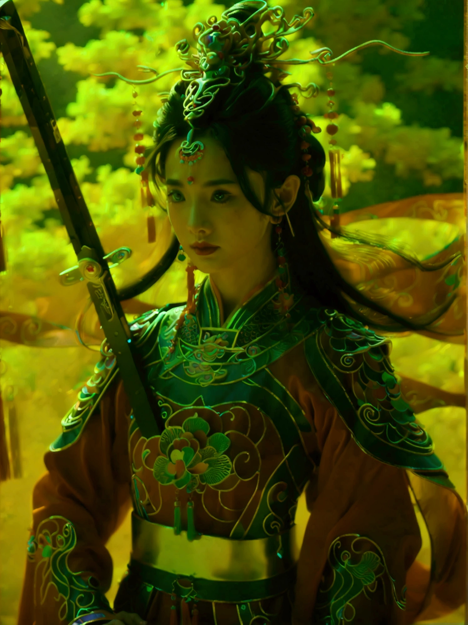 Chinese style，Ancient battlefield，Chinese female general，Holding a long sword，Grim expression，whole body，Stunning facial features，Red robe，armor，boots，Yellow sand in the sky，Fire，Game Model，stunning light and shadow，OC Rendering，Rim Light，Delicate light，Super Fine，Epic Composition，Ultra HD，(Aesthetics and aesthetics:1.2)，(Fractal Art:1.3)，(Chinese girl&#39;s facial features:1.8)，(Front view:1.9)，(以广角镜头拍摄whole body的顶级摄影师作品:1.5)，Looking at the audience，(Rainbow hair，Hair color，Half blue and half pink hair:1.2)，masterpiece，Best quality，Anatomically correct，Textured Skin，Super Detail，8k，high resolution，Vibrant colors, Thick Line, wave, Multi-layer, prospect, 