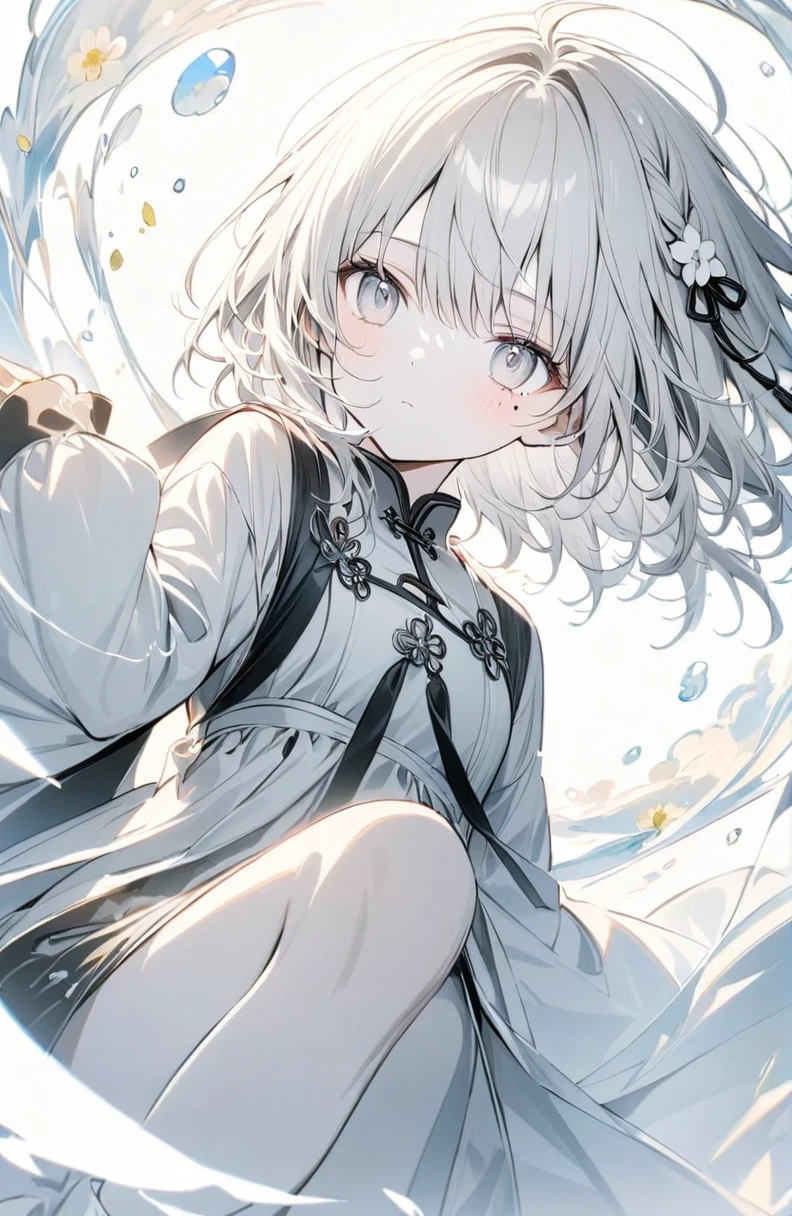 (masterpiece:1.2),(anime),、girl、cute，Silver Hair，Light blue shining eyes，sweets dream, A colorful world, cute, like, Highest quality, masterpiece，【Highest quality, Tabletop】 (Gray white background:1.7), Han Fei，Grey Hair，White flower hair ornament，White ribbon，Grey Eyes，Tear mole under the eye，Black and white clothes，White translucent socks，Fleeting，Expressionless，dream，White background，whole body，Character portrait，A disdainful look，Chinese style clothes，Chinese clothing，Monochrome，Fleeting，