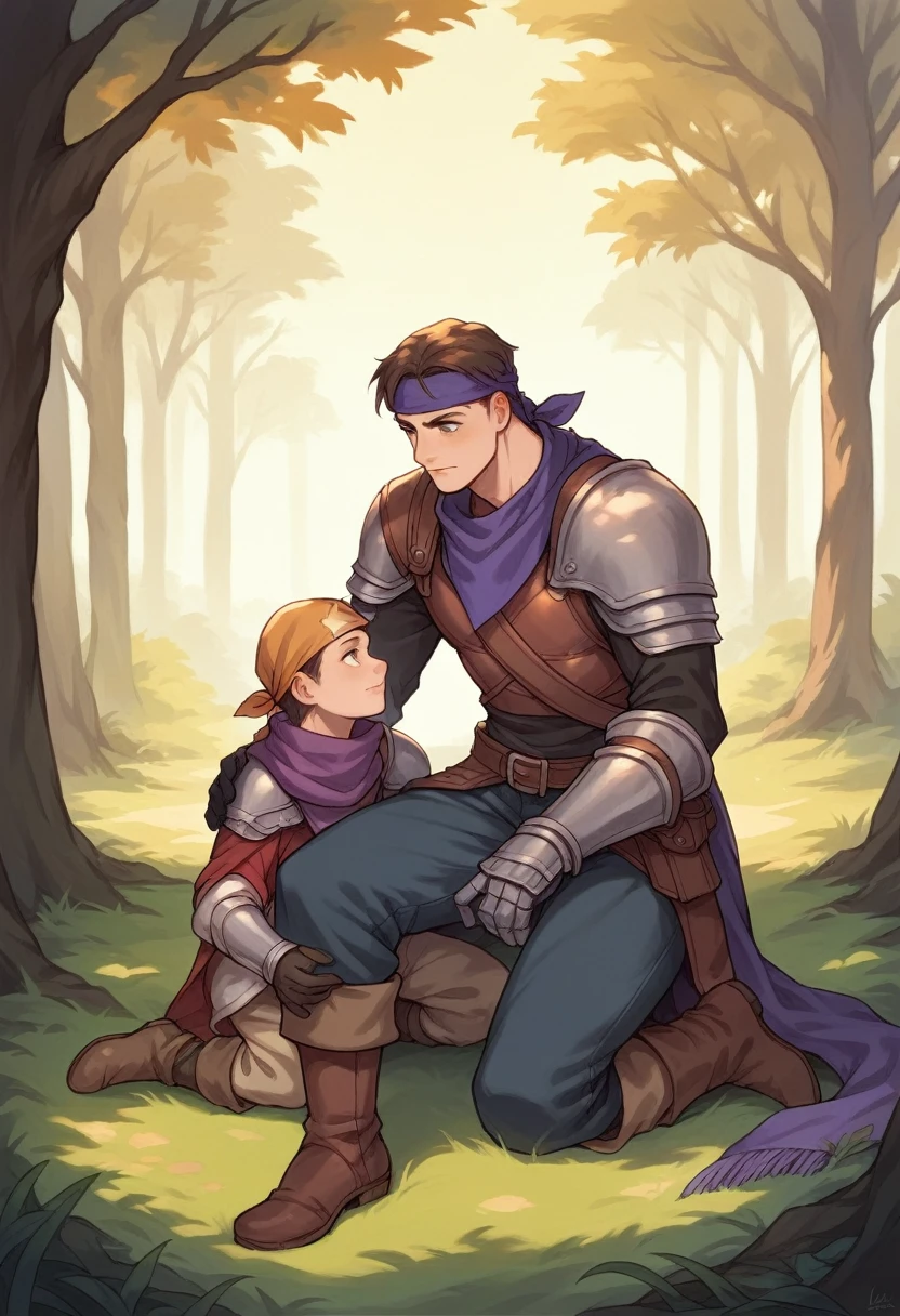 1 girl, 1 young boy, (best qualityer, beruka, gauntlets), armors, purple scarf, black gloves, pants, booties, bandana on head, sitting down, in front, Trees, moutain, beautiful landscapes in the background, gentle sunset, Subtle reflections on the ground.
