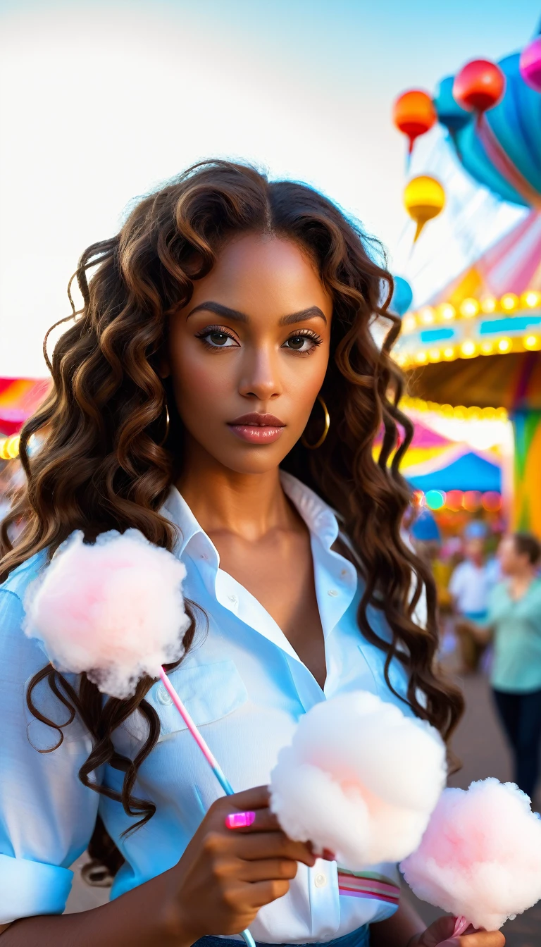 (best quality,4k,highres, highres face details), Bina, African American 30-year-old, with long brown curly hair, wearing a white buttoned-up shirt, Instagram model, walking at the state fair eating cotton candy