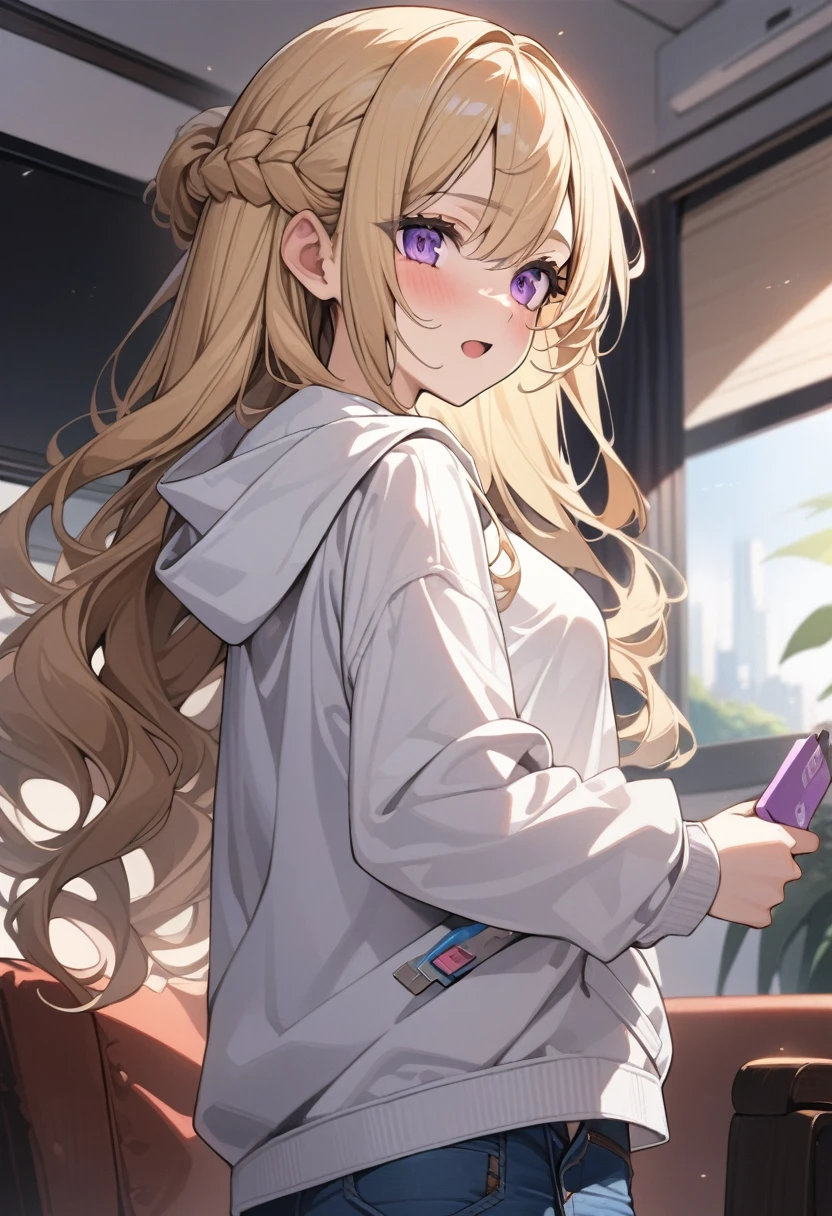 masterpiece, best quality, extremely detailed, ultra detailed, flat anime, 2D,
1girl, (young adult:1.2),blonde hair, (semi-long hair:1.2), curly hair, french braid, medium breasts, purple eyes, tsurime, height 1.7meters,
white hooded sweatshirt, jeans,bracelet, long sleeves,socks,
very interesting, open mouth, ((small USB flash memory in hand)),
upper body, portrait, looking back
summer, livingroom, 12AM., standing