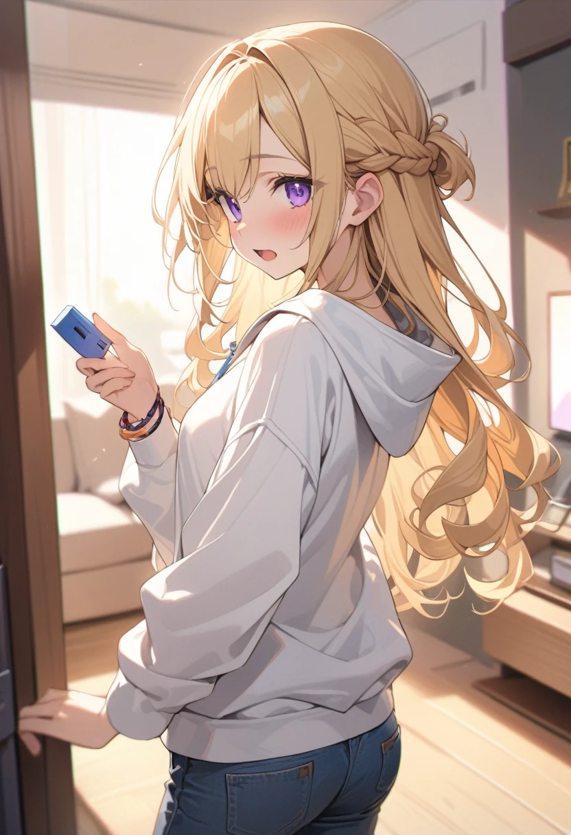 masterpiece, best quality, extremely detailed, ultra detailed, flat anime, 2D,
1girl, (young adult:1.2),blonde hair, (semi-long hair:1.2), curly hair, french braid, medium breasts, purple eyes, tsurime, height 1.7meters,
white hooded sweatshirt, jeans,bracelet, long sleeves,socks,
very interesting, open mouth, ((small USB flash memory in hand)),
upper body, portrait, looking back
summer, livingroom, 12AM., standing