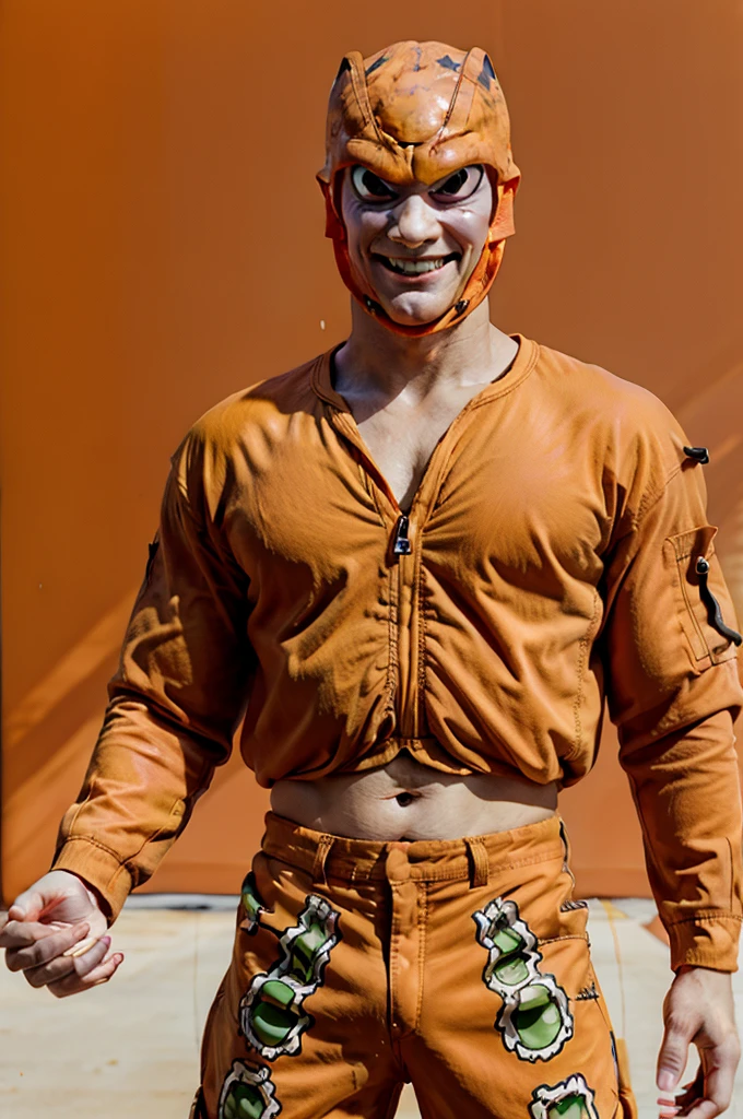facial charging cellphone,snake eyes,orange pad, casual outfit, look at viewer, first_cell shape, smile, praying mantis insect appearance