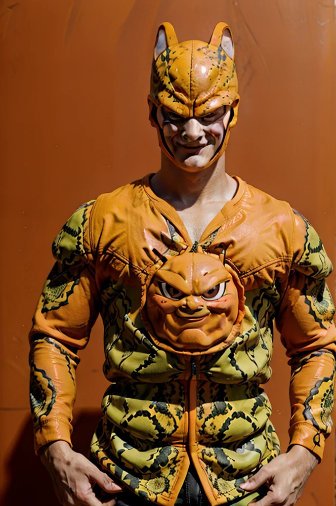 facial charging cellphone,snake eyes,orange pad, casual outfit, look at viewer, first_cell shape, smile, praying mantis insect appearance