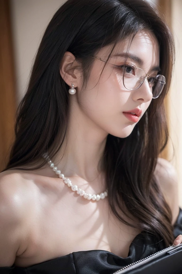 beautiful woman looking down at her phone, closeup side profile of woman's face, woman in black dress with off-the-shoulder sleeves, pearl earrings and necklace, wearing glasses, intense and longing gaze, high-quality realistic portrait photograph, natural skin tones, soft lighting, shallow depth of field, photorealistic, 8k, hyper-detailed, intricate details