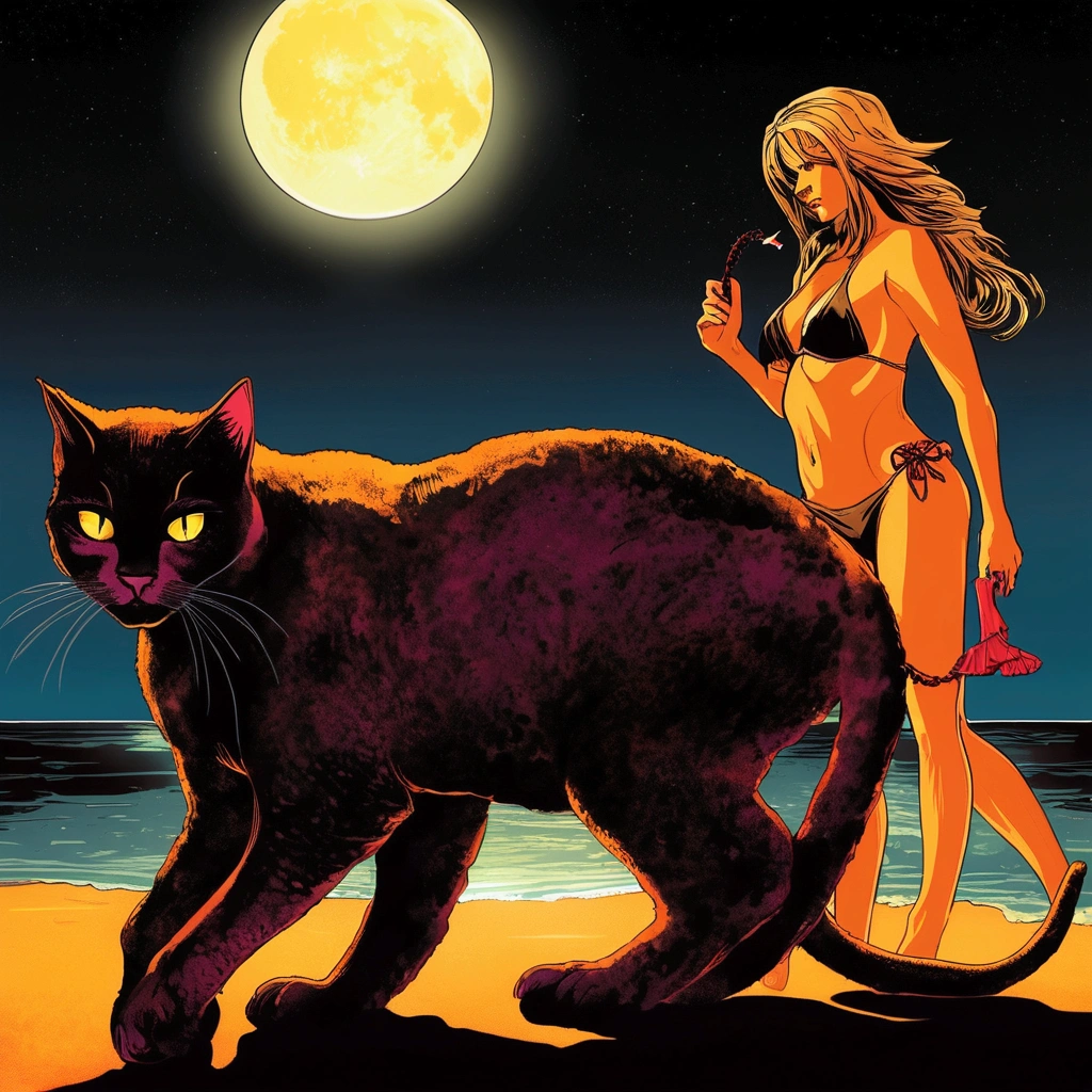 A giant cat stalks and eats a bikini clad woman, beach by moonlight, horror, at plays with prey