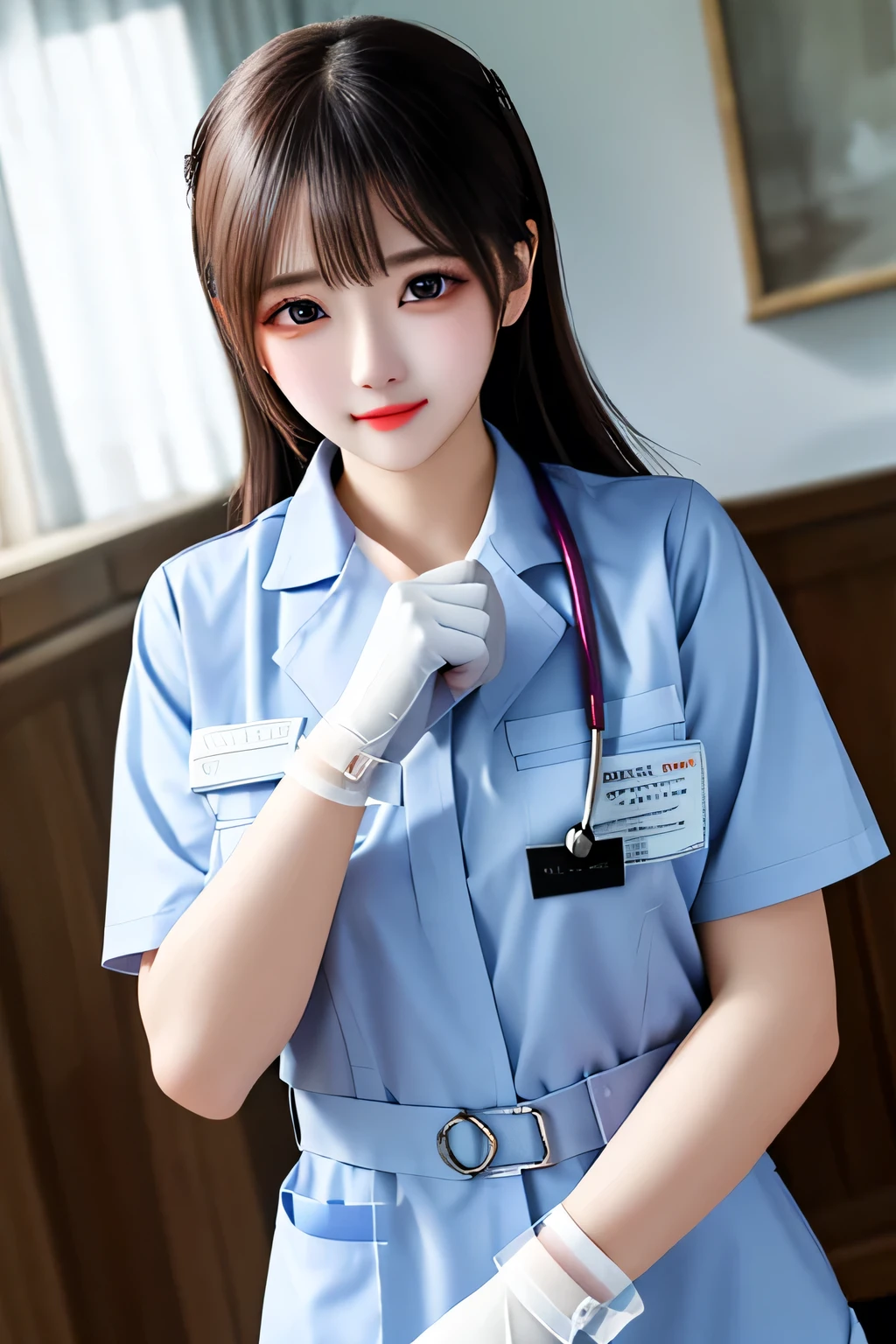 ((best quality)), ((masterpiece)), (detailed), 1 Girl, Wear white medical gloves，Wearing nurse uniform，beautiful as godness，20 years old