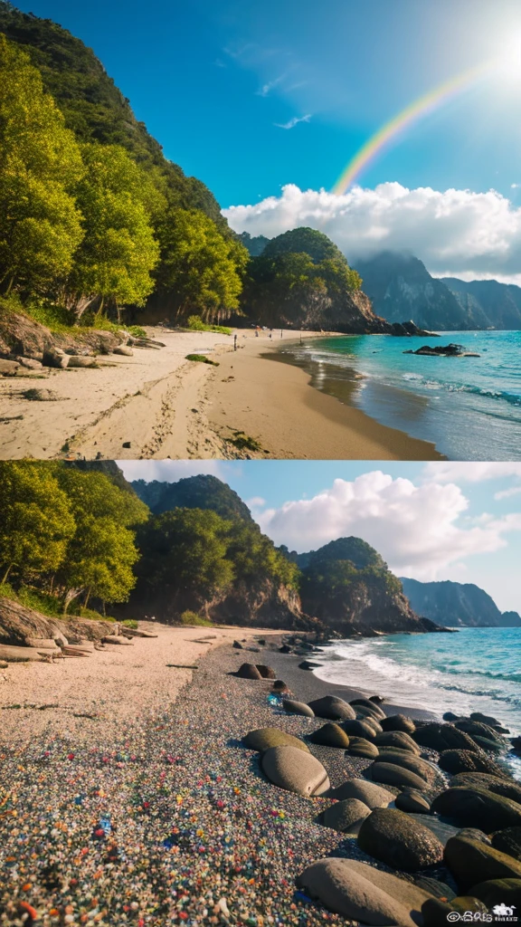 there is a rainbow in the sky over a beach with rocks and pebbles, seashore, Alpine Forest Landscape Photo,Steep mountain roads,Clear and transparent lake,wood,Bushes,Fallen leaves,Dawn Sun,Kasumi,Cliffs and mountains,Dilapidated,Lonely,cold,Foggy sky,Not a dazzling morning sun,Nightmare vision,Dark fantasy plot,Perfect and excellent composition,8k resolution,detailed,restricted,close ultra-wide angle shot,Realistic,Beautiful sky,Colorful clouds float,True to life, The private parts are clearly visible, Perfect perfection, Digital single-lens reflex camera, 1024, 2048, 4096, detailedな, sharp, Best Quality, high quality, Absurd,Unattended background,Very detailed、detailedな照明の影,Art Station Trends、Complex、expensivedetailed、dramatic、(Volumetric Lighting:1.2)HDR shot。(close,Super Depth of Field,Ultra Wide Angle,Microfocal Lenses:1.2)(Realistic:1.4)Masterpiece、expensive、expensive品質、beautiful photo,Global illumination magical beach, sunny rainbow galaxy stormy sea, by Igor Grabar, colorful hd picure, near the seashore, rainbow reflections, just one rainbow 8 k, beach landscape, still of rainbow ophanim, calm vivid colors, by Marie Bashkirtseff, beautiful beach