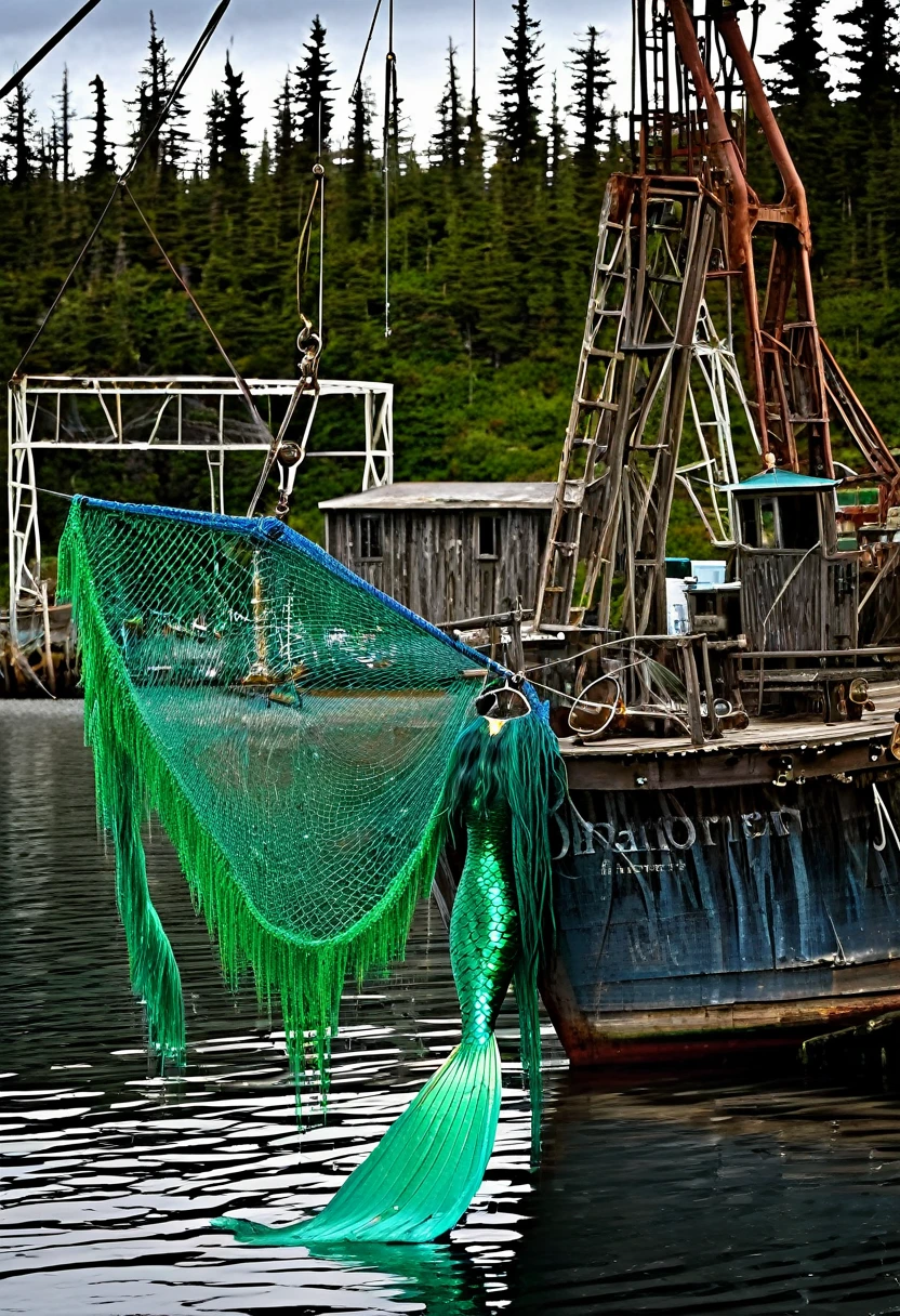 A photorealistic scene of an old wooden Alaskan port in the early morning.. In the foreground, a torn and empty fishing net hangs from a rusty crane. Beside it, a mermaid woman in her 20's, busty, with long wet hair, with a green mermaid tail, she hooked up by a fisher man huge hook. Reflections in the calm water subtly suggest shapes of marine creatures. A weathered sign reads: 'Marine Protected Area - Preserving Our Natural Heritage'. The scene balances between the rugged beauty of Alaska's wilderness .

