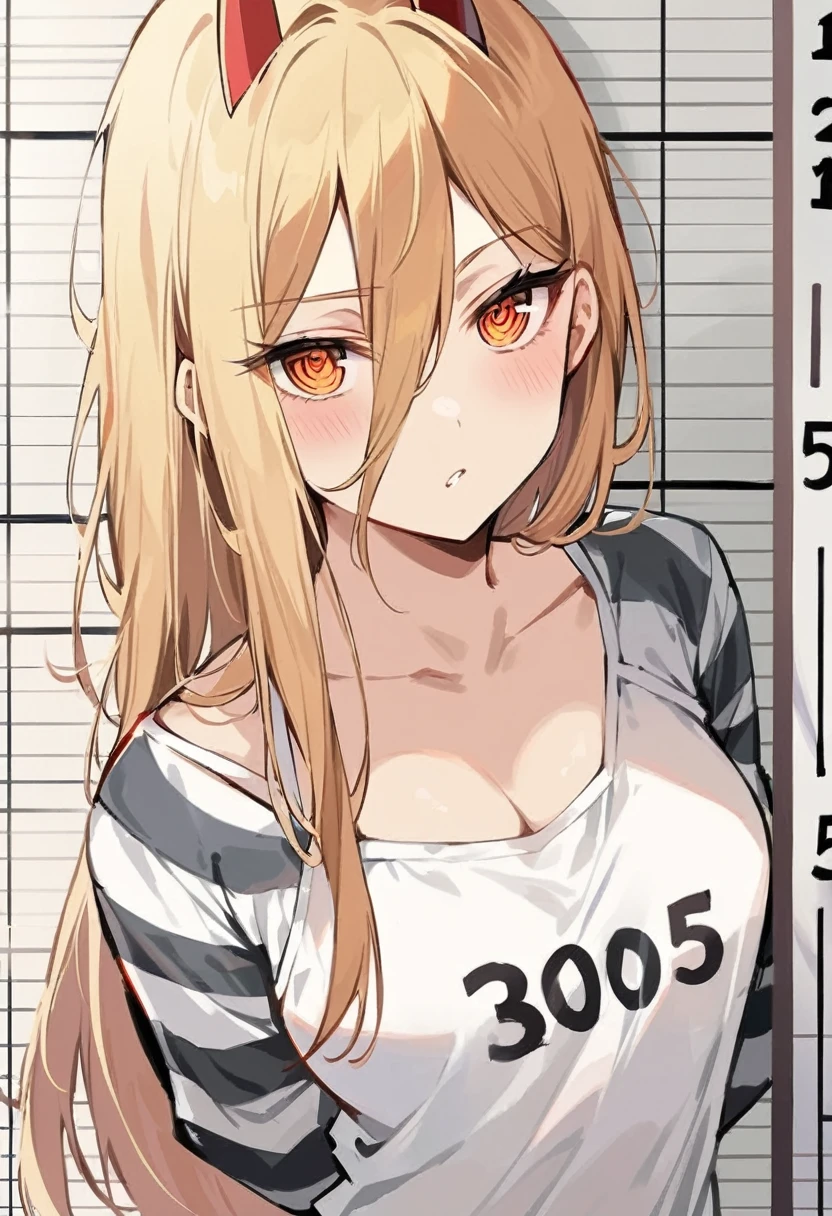 masterpiece, best quality, illustration, mugshot, height chart, 1girl, upper body, holding sign, looking at viewer, messy long blonde hair, narrowed blue eyes, prison clothes, striped shirt
 best quality, masterpiece, ï¼looking_at_viewer, cross-shaped_pupils, highres, sunbeam, solo, 1girl, white_camisole, power_\(chainsaw_man\)