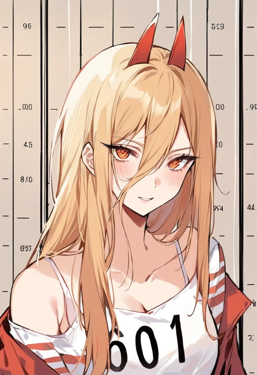 masterpiece, best quality, illustration, mugshot, height chart, 1girl, upper body, holding sign, looking at viewer, messy long blonde hair, narrowed blue eyes, prison clothes, striped shirt
 best quality, masterpiece, ï¼looking_at_viewer, cross-shaped_pupils, highres, sunbeam, solo, 1girl, white_camisole, power_\(chainsaw_man\)