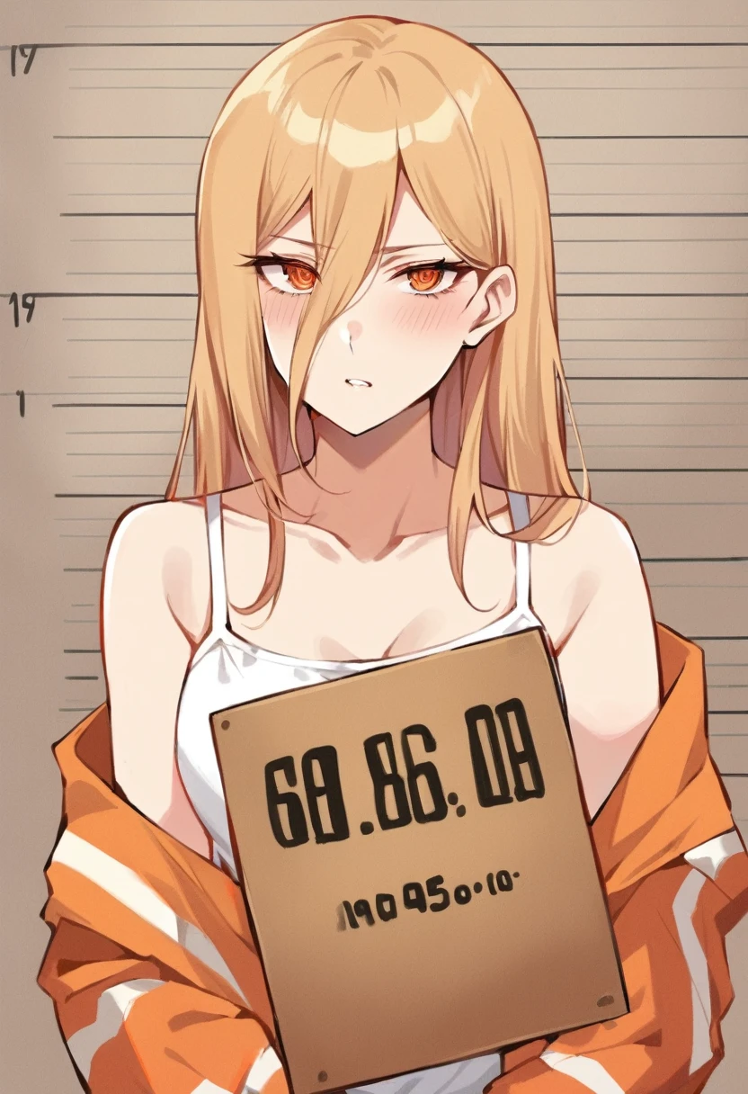 masterpiece, best quality, illustration, mugshot, height chart, 1girl, upper body, holding sign, looking at viewer, messy long blonde hair, narrowed blue eyes, prison clothes, striped shirt
 best quality, masterpiece, ï¼looking_at_viewer, cross-shaped_pupils, highres, sunbeam, solo, 1girl, white_camisole, power_\(chainsaw_man\)