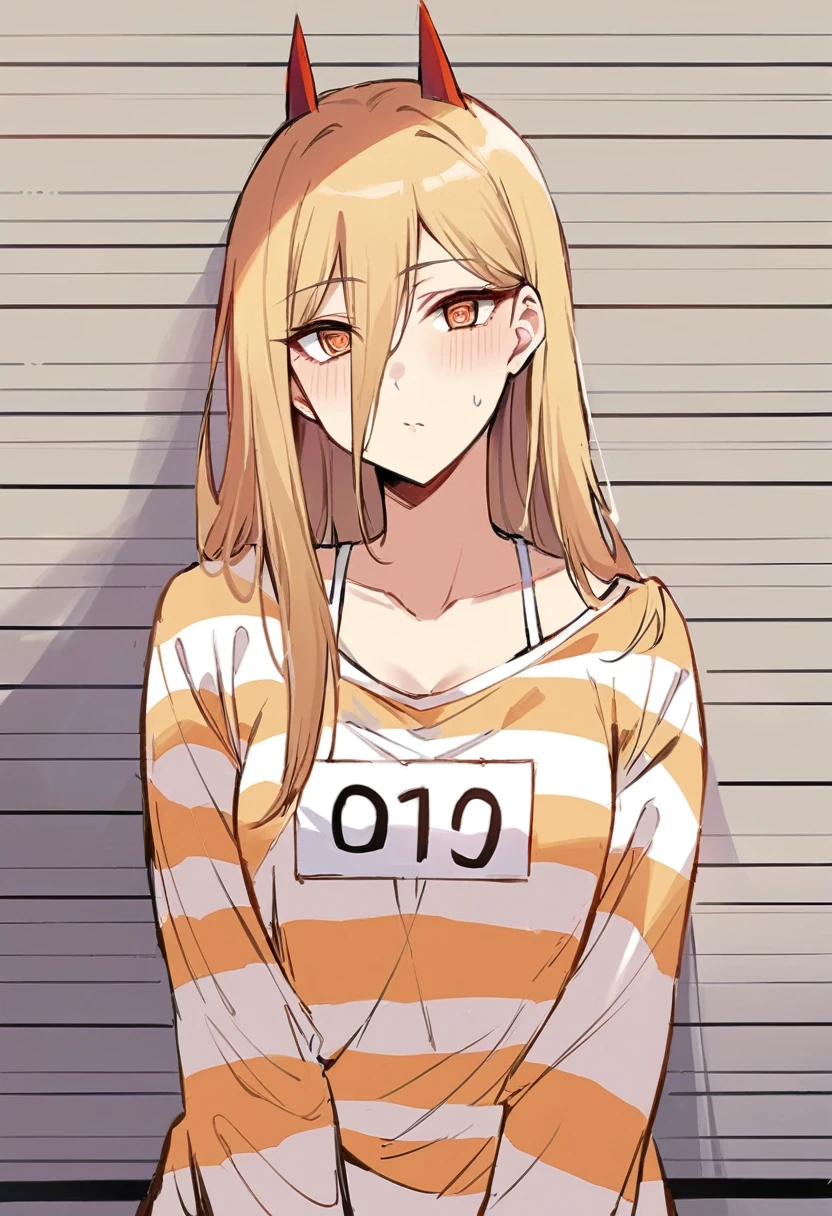 masterpiece, best quality, illustration, mugshot, height chart, 1girl, upper body, holding sign, looking at viewer, messy long blonde hair, narrowed blue eyes, prison clothes, striped shirt
 best quality, masterpiece, ï¼looking_at_viewer, cross-shaped_pupils, highres, sunbeam, solo, 1girl, white_camisole, power_\(chainsaw_man\)