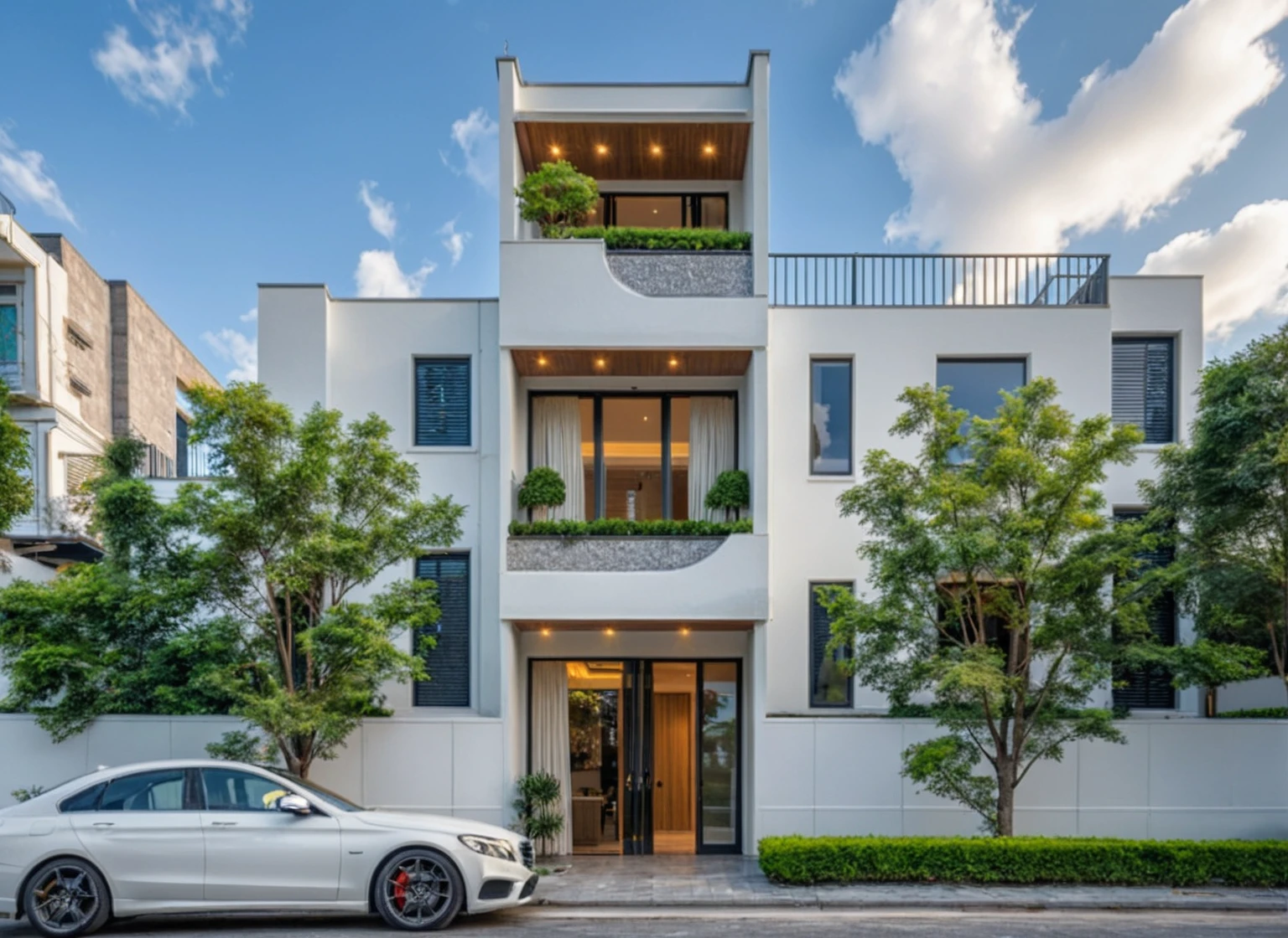 Masterpiece, high quality, best quality, authentic, super detail, outdoors, onestoreyvillaXL, aiaigroup, house style modern on the street ,stairs, white wall ,road,pavement, grass, trees, sky, cloud, (daylight:1.1)
