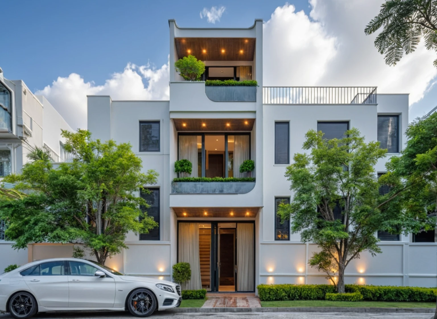 Masterpiece, high quality, best quality, authentic, super detail, outdoors, onestoreyvillaXL, aiaigroup, house style modern on the street ,stairs, white wall ,road,pavement, grass, trees, sky, cloud, (daylight:1.1)
