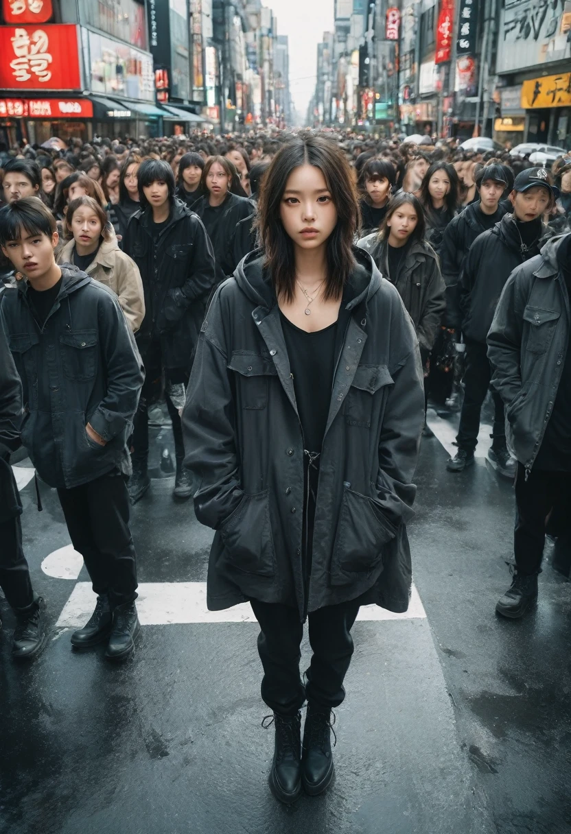 Extreme high angle photo shot, professional model, (human ratio 1:1) standing on a crosswalk center inspired by Shibuya scramble, stare into the camera, wearing black washing safari long jacket with black hoodie, black cargo pants, dark grey boots, crowded street realistic photographs