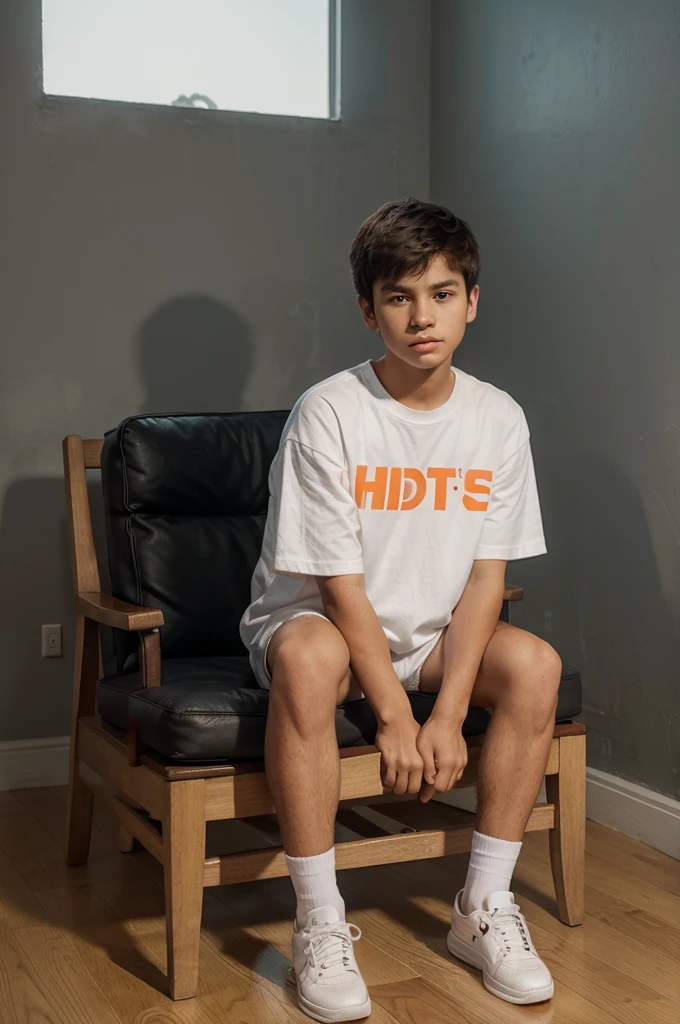 Create a 3D illusion for profile picture where a 14 year old cute boy in a white shirt sitting casually on a wingback chair.Wearing sneakers, he looks ahead. The background features "yahyakhan" big and capital orange neon light fonts on the dark Grey wall. There should not be is shadow, and there are wings to make it appear as if he is an angle.