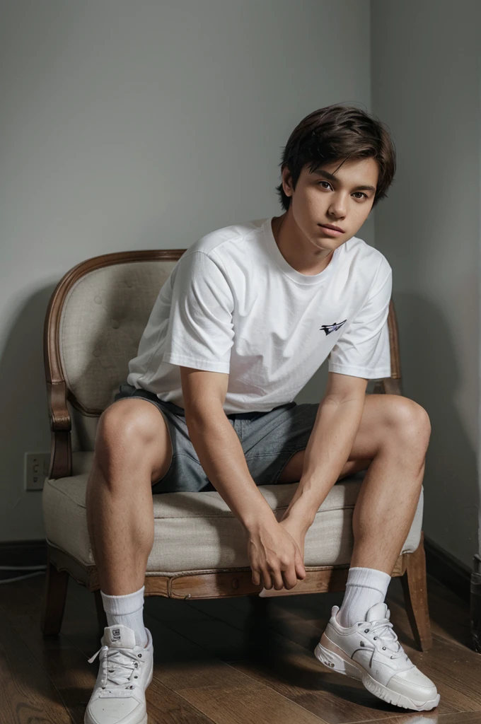 Create a 3D illusion for profile picture where a cute boy in a white shirt sitting casually on a wingback chair.Wearing sneakers, he looks ahead. The background features "yahyakhan" big and capital orange neon light fonts on the dark Grey wall. There should not be is shadow, and there are wings to make it appear as if he is an angle.