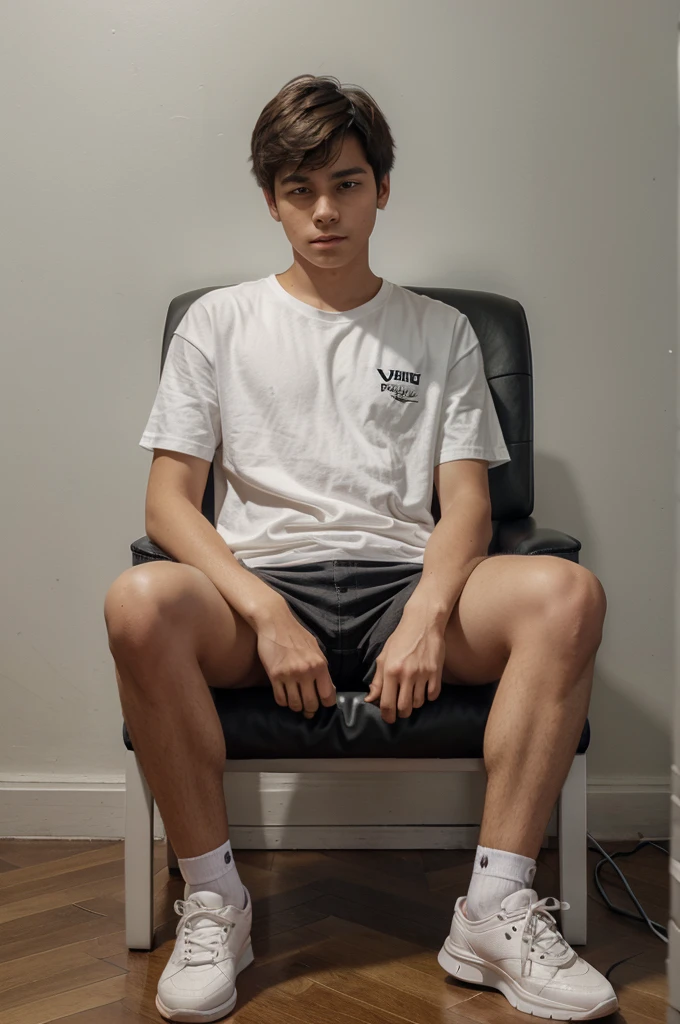 Create a 3D illusion for profile picture where a cute boy in a white shirt sitting casually on a wingback chair.Wearing sneakers, he looks ahead. The background features "yahyakhan" big and capital orange neon light fonts on the dark Grey wall. There should not be is shadow, and there are wings to make it appear as if he is an angle.