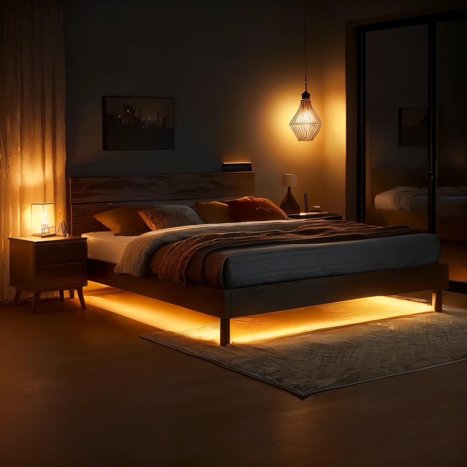 there is a bed with a wooden headboard and a night stand, dimly lit bedroom, warm ambient lighting, ambient lighting at night, dramatic ambient lighting, ambient amber light, bright ambient lighting, warm ambient light, soft ambient lighting, cyberpunk bedroom at night, lit up in a dark room, ambience lighting, night fill lighting, dimly lit room