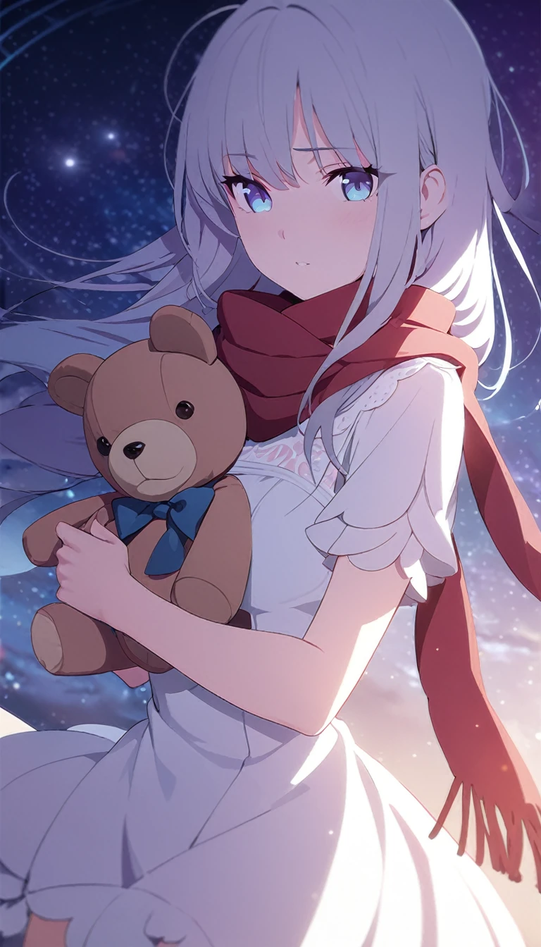 (((masterpiece))), (((best quality))),(((high detail))),light manipulation, girl with long hair, gradient purple to sky blue eyes, wearing a white dress, a red scarf, galaxy background, holding a teddy bear, feet, no footwear, close up