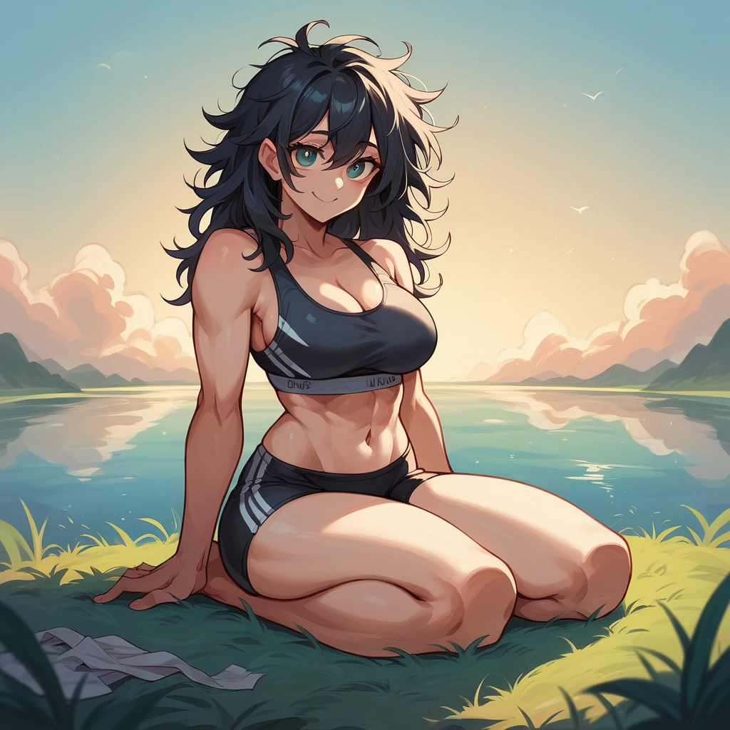 (((full body view))) of a (((stunning))) (((cute))) ((attractive)) black haired ((female supermodel)) ((long black messy hair)) ((busty)) wearing a ((sexy sports bra)) sitting at a lake in the swiss Alps, next to her modern VW-Camper ((smiling))