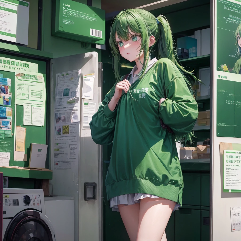 A clumsy, scatterbrained green-haired girl wearing green clothes。Embarrassed in a mature way