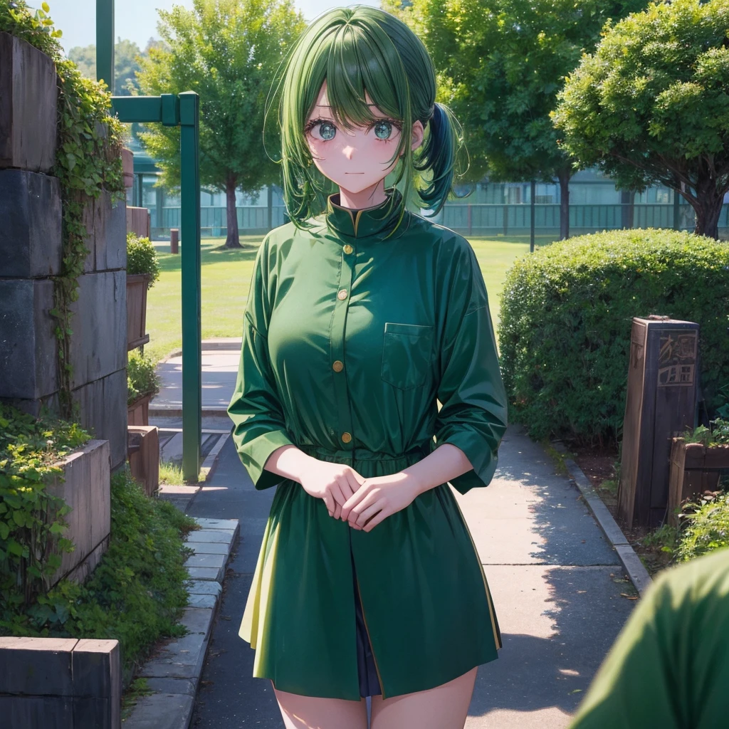 A clumsy, scatterbrained green-haired girl wearing green clothes。Embarrassed in a mature way