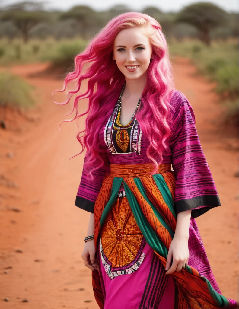Very attractive 25 year old caucasian female with long wavy bright pink hair, wearing traditional kenyan dress, full length, photo quality
