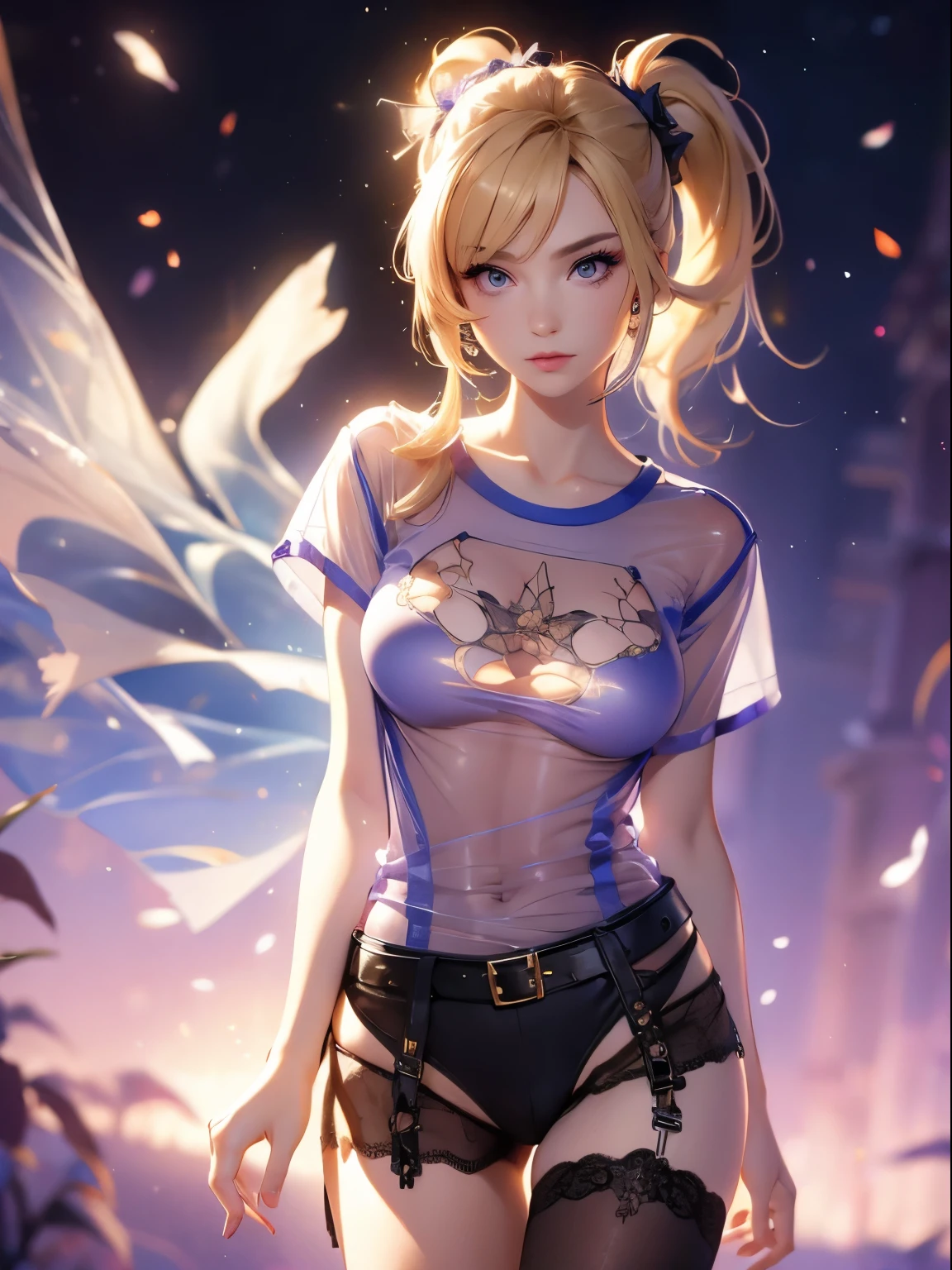 1 woman, (Masterpiece:1.0), (8k background screen) : 1.0), (beautiful detailed face: 1.0), blonde hair, hair tied in a side ponytail, sensual cleavage, ((Transparent T-shirt:1.5)) , beautiful breasts, pronounced nipples in clothes, sexy pose, elegant makeup, female focus, character close to the camera, V-shaped panties, violet panties, lace underwear, standing, in an office, black stockings,