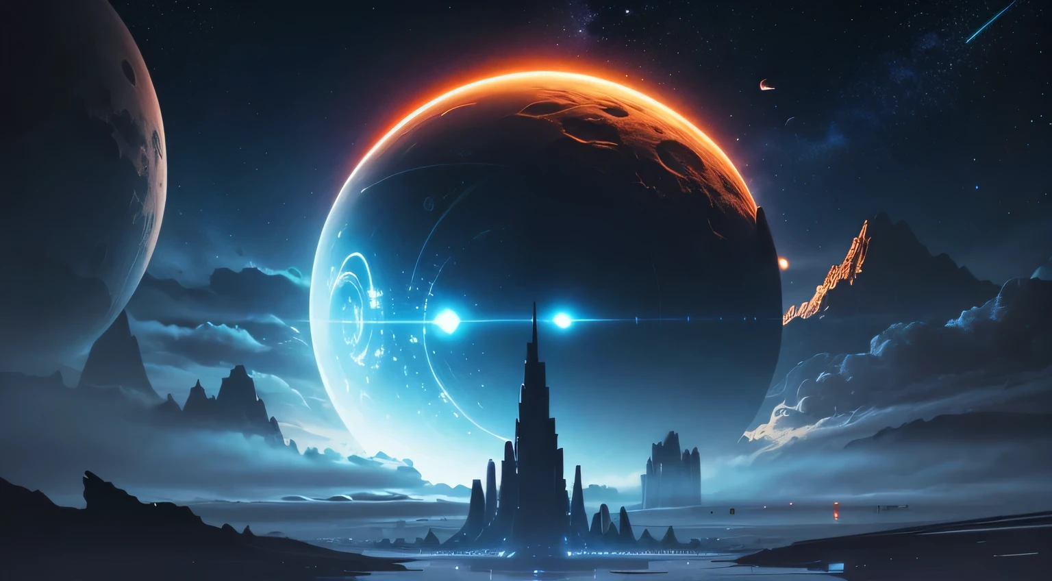 Advanced Futuristic Civilization on the mile-high plateau. Giant planet in the sky. Clouds. Stars. Space. Sci-fi. Architecture. Cyber. Digital. Nature. No imperfections. Interesting. Eye-catching. Aesthetic.