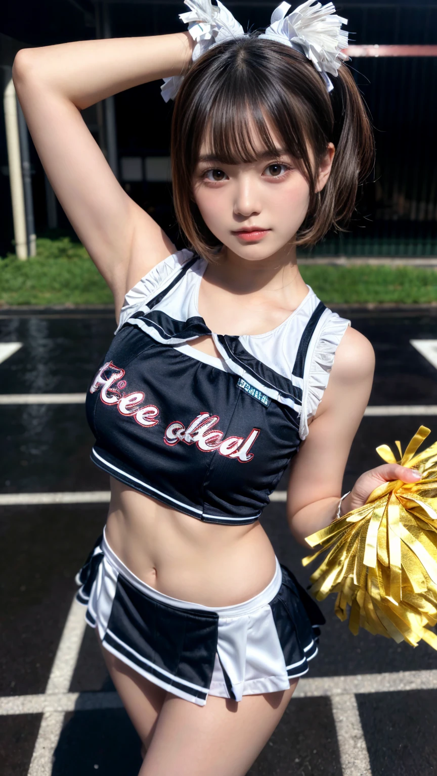 masterpiece, best quality, illustration, Super detailed, fine details, High resolution, 8K,wall paper, perfect dynamic composition,(Details High quality, realistic depiction of eyes:1.3), hotel room, (cheer girl:1.5),(a miniskirt), to stand、large breasts,short bob hair, black hair color, Big Natural Color Lip, bold sexy pose, crying a little、Harajuku style、20 year old girl、cute type、ta、beautiful legs, hposing Gravure Idol