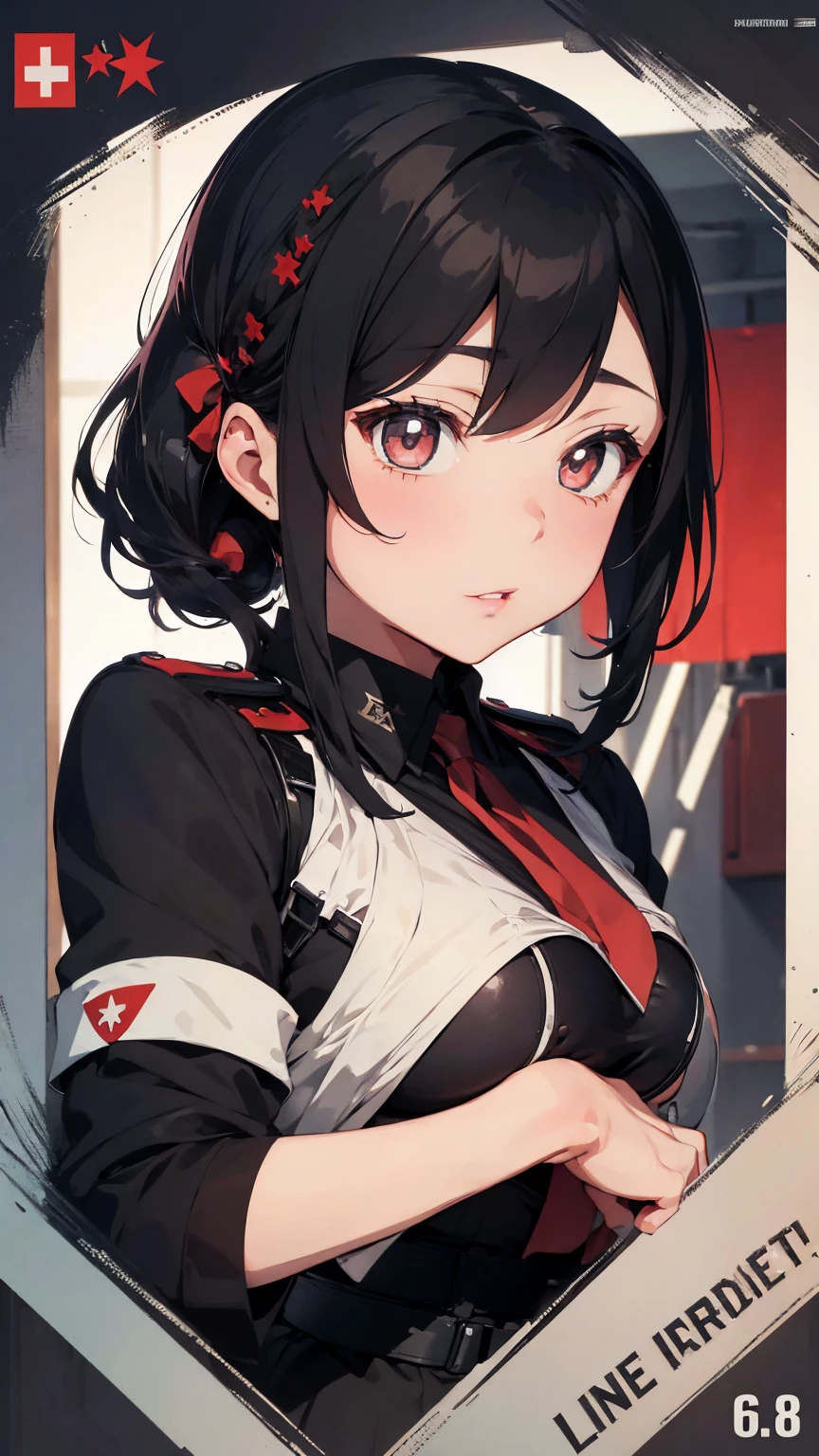 Propaganda poster. Gestapo uniform, female lesbian kawaii sisters kissing passionately wearing Luftwaffe uniforms. 8k. masterpiece. best quality. best artwork. lingerie. swastika insignia. busty bare breasts.