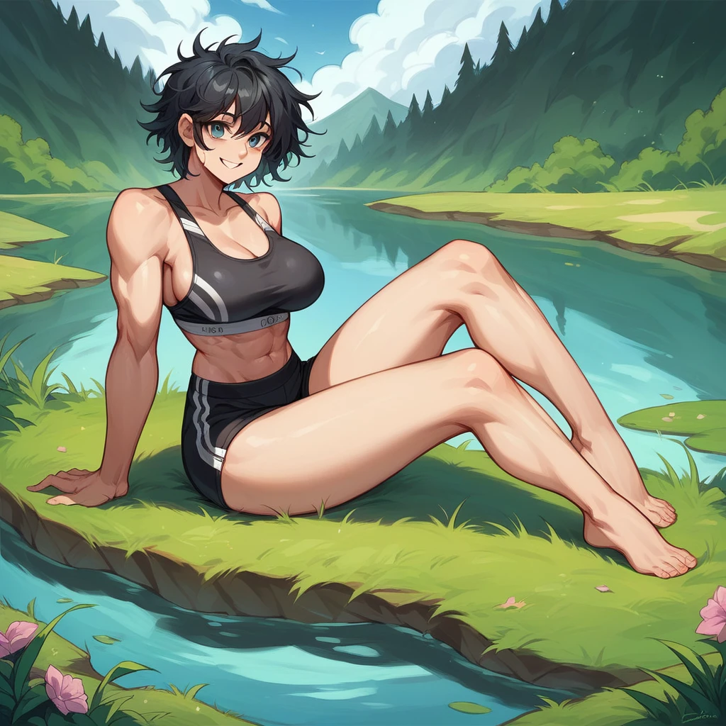 (((full body view))) of a (((stunning))) (((cute))) ((attractive)) black haired ((female supermodel)) ((long black messy hair)) ((busty)) wearing a ((sexy sports bra)) sitting at a lake in the swiss Alps, next to her modern VW-Camper ((smiling))