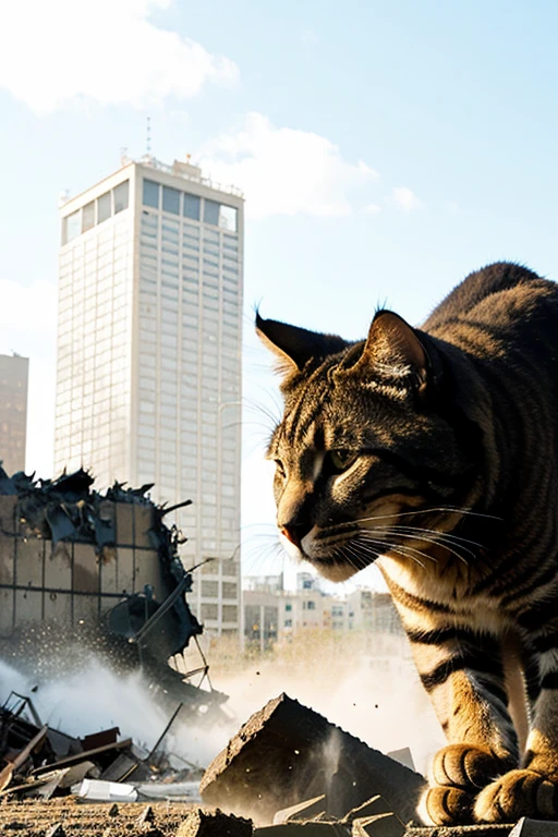 Very very huge cat tearing down crashing crushing city
