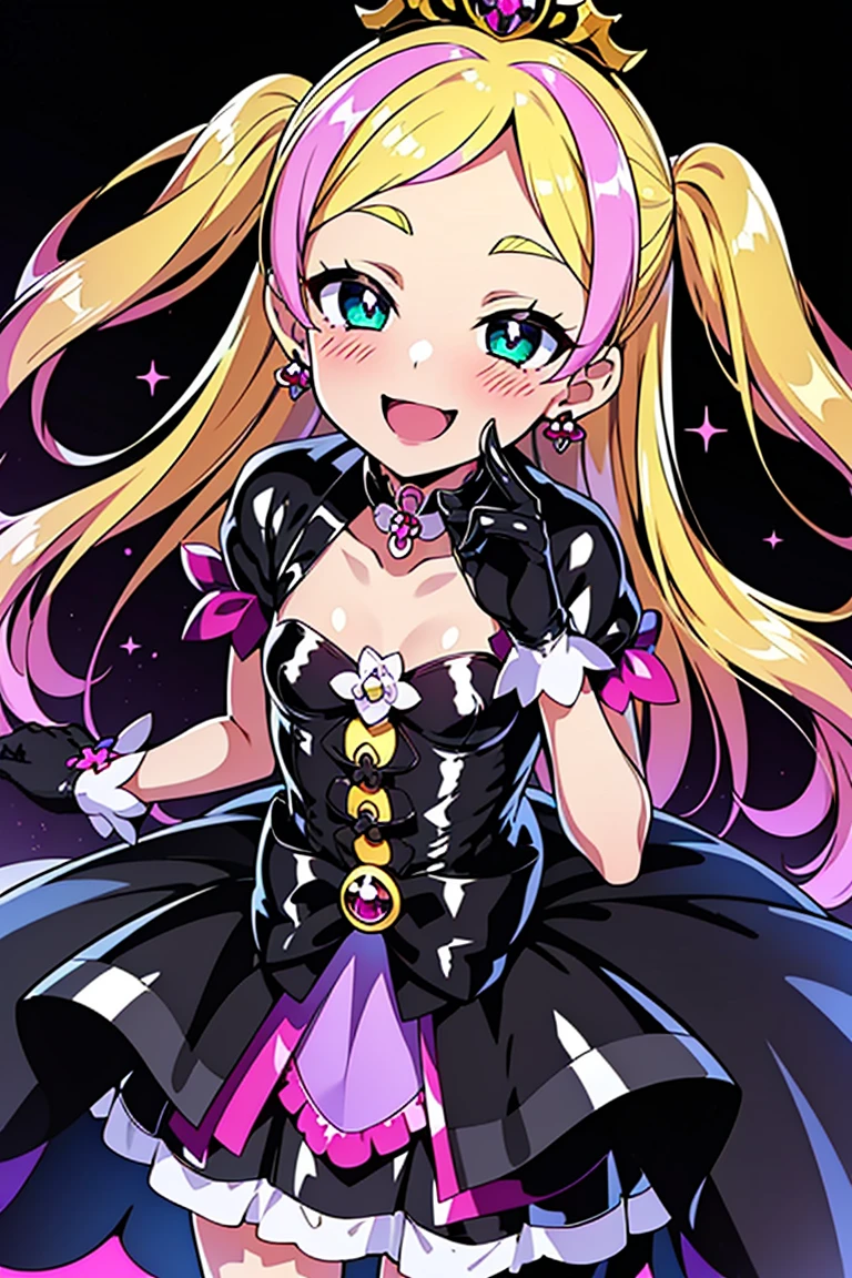 Cure Flora, 1 girl, Blonde, Black hair ornament, (Gothic Lolita:1.3), Black long skirt, Black tiara, Wrist cuff, Black gloves, (black gothic dress:1.3), Low batwing, Black fur, Blushing, Black enamel boots, corruption, Half-closed eyes, jewelry, No students, (Wicked Smile), (Shiny fabric:1.5), Open your mouth, Dark Magical Girl