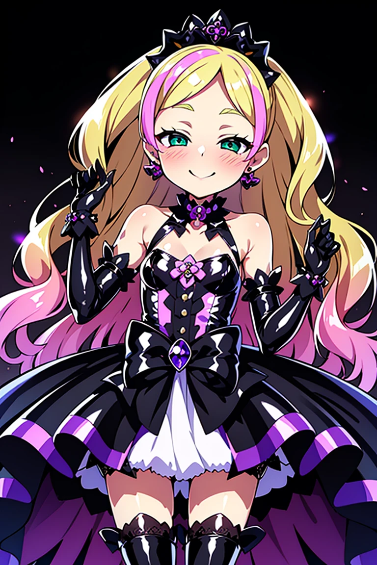 Cure Flora, 1 girl, Blonde, Black hair ornament, (Gothic ****ta:1.3), Black long skirt, Black tiara, Wrist cuff, Black gloves, (black gothic dress:1.3), Low batwing, Black fur, Blushing, Black enamel boots, corruption, Half-closed eyes, jewelry, No students, (Wicked Smile), (Shiny fabric:1.5), Open your mouth, Dark Magical Girl