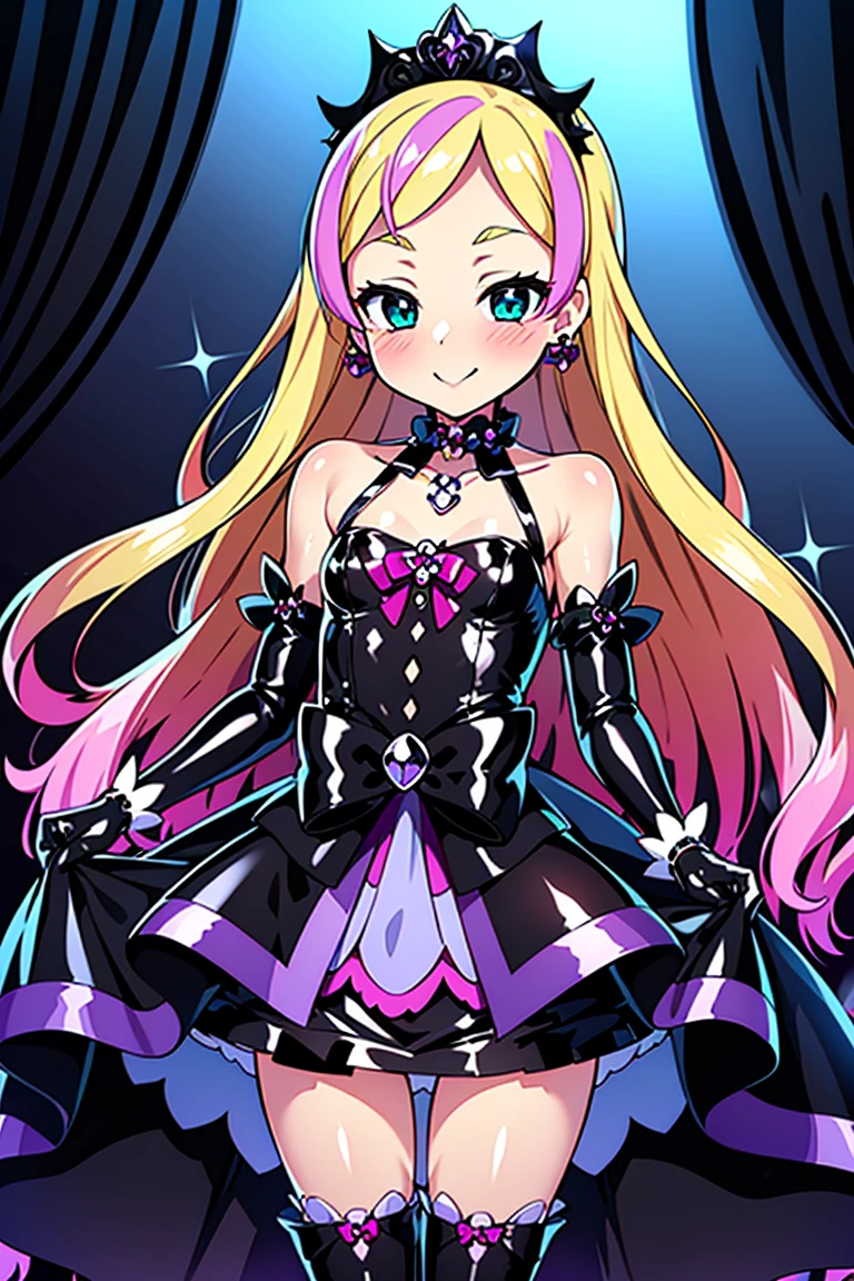 Cure Flora, 1 girl, Blonde, Black hair ornament, (Gothic Lolita:1.3), Black long skirt, Black tiara, Wrist cuff, Black gloves, (black gothic dress:1.3), Low batwing, Black fur, Blushing, Black enamel boots, corruption, Half-closed eyes, jewelry, No students, (Wicked Smile), (Shiny fabric:1.5), Open your mouth, Dark Magical Girl