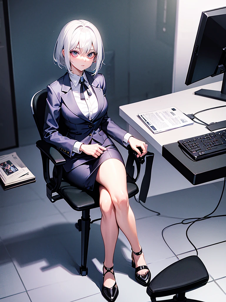 Anime woman with short unruly white hair with silver pupils dressed in suit sitting on a chair in an office with crossed leg pose.