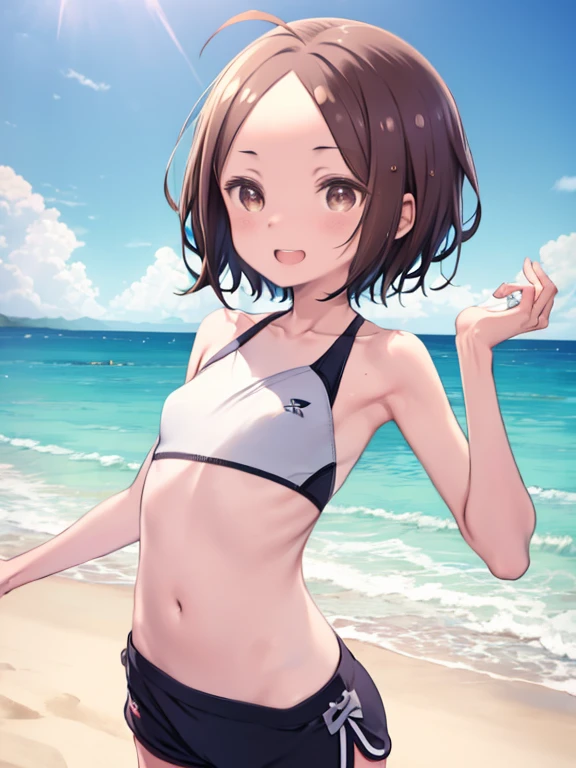 exposed female genitals, ，The crotch is exposed，Tanned girl in a swimsuit standing on the beach、short hair，，Illuminated by the setting sun，Beautiful sunset，Look at the viewer and smile、Flat Chest，Put your arms behind your back