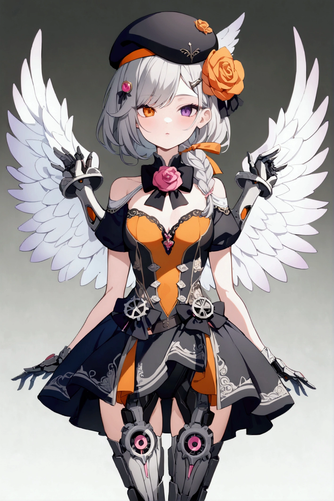 woman 160 cm tall, slim build, , charming look, ((heterocromia: look like, derecho naranja y look like izquierdo violeta)), (Shoulder Length Wavy Gray Hair, He has a medium braid on the left side of his hair on his chest., big open bangs, has a gear hairpin on the left side of the hair), (((complex mechanical legs up to the hip, The legs are black with gray parts with small pink details))), (((complex mechanical arms up to the elbows, The arms are black with gray parts with small pink details))), (complex mechanical angel wings of white color with dark gray parts), (elegant black French beret with an orange rose ribbon), (elegant thigh-length one-piece dress, short bell skirt, short sleeves, elegant black hip belt with orange parts, small rose brooch in the middle of the chest, beautiful stiletto heels with a medium ribbon at the back, blue and black ribbon decorations on the dress, small gears on the skirt of the dress), (((character design sheet: Front view))), ((full body)), extremely detailed beautiful hair, beautiful detailed dress, extremely detailed arms, extremely detailed face, (Extremely detailed hands), perfect hands, small face, hermosos look likes detallados, beautiful detailed lips, adorable, extremely detailed legs, (Best Quality, 8k, Ultra resolution), ultra detailed, Exquisite and epic character art, ((White background)), (Focus on symmetry).