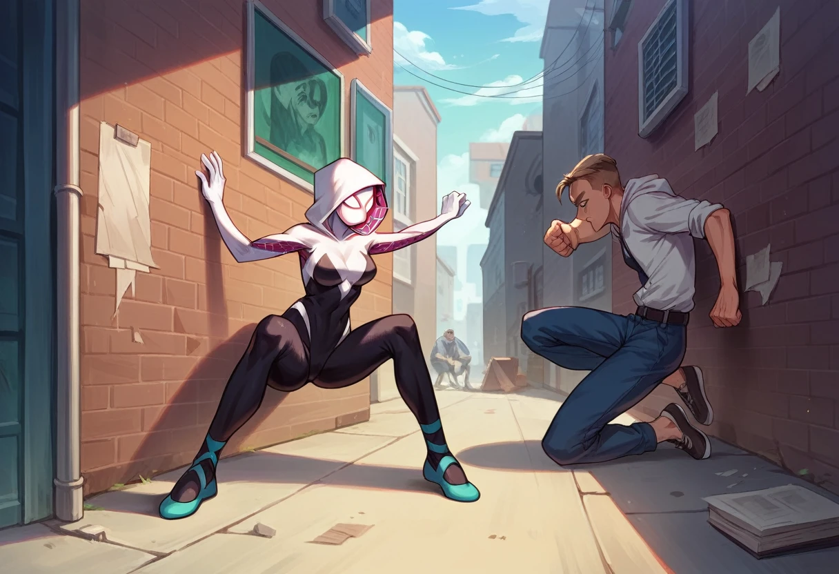 Masterpiece , best quality , Masterpiece , best quality , Spider Gwen , 1 woman, mask , Leotard , abdomen , big breasts , Long legs , Sitting against the wall , Spread your legs , canvas shoes , 1 man , fight , sting , alley