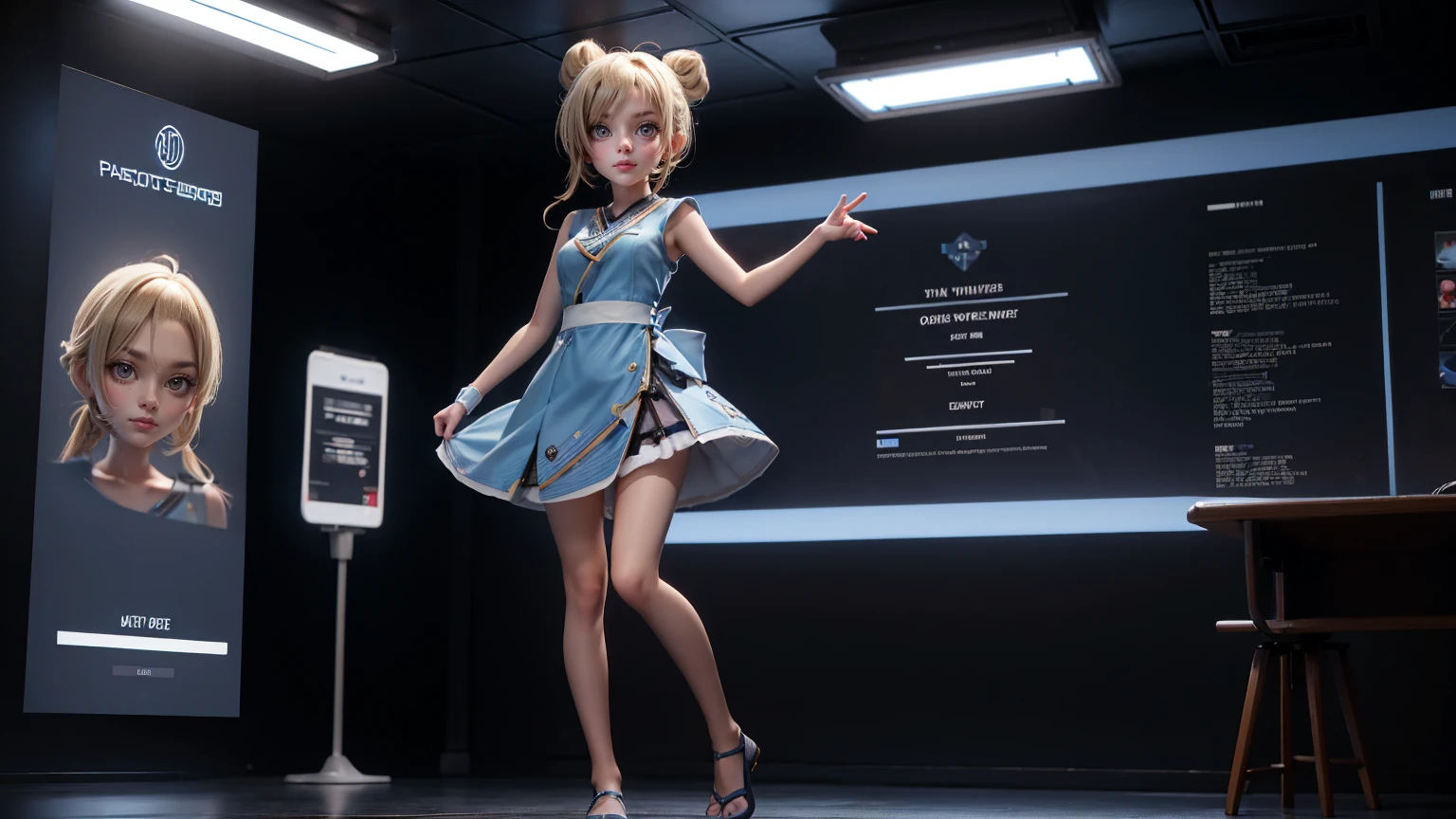 cute Japanese girl in a gaming dress , Messy Bun hair style, blond hairs  hairs,, blue dress, gaming , smiling face, short dress full straight standing pose, 14yo student, , Full body, modern girl, games girl, Simple white background,,, design sheet, HD, full body, standing, modern futuristic dress, front view