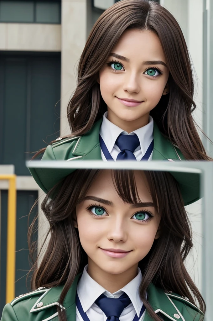 Screenshot Boku no hero academia, anime, pretty Woman, wavy brown hair, green eyes, slanted eyes happy expression, Gray jacket and tie uniform