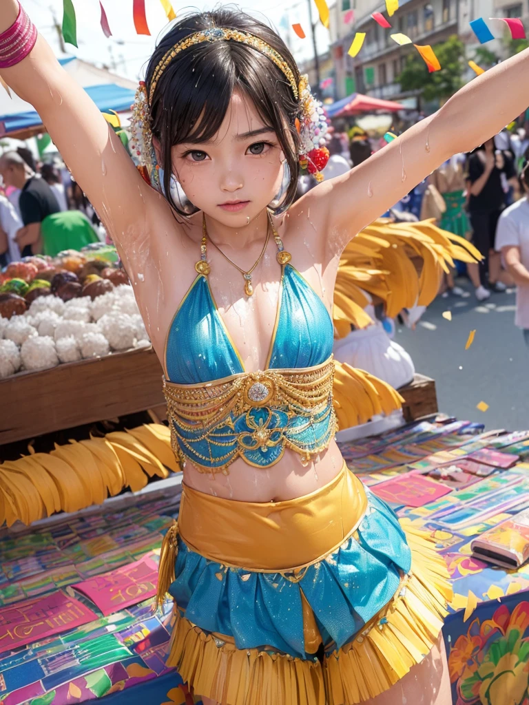 (best quality:1.2), masterpiece, Realistic, Ultra-high resolution, ((a beautiful Japanese idol ************ woman:1.2)), (Gaunt:1.3), (((Very flat chest:1.4))), ((Baby Face)), (show me your armpit:1.2), sweaty armpit, ((Armpits are wet and shiny with sweat)), She has skin that sweats easily Soaking wet, Sweaty, (I can see my pores), (topless:1.2), (wearing samba costumes:1.2), (dancing parade:1.3), (energetic music:1.2), (confetti-filled streets, lively atmosphere:1.2), (decorative floats:1.1), (bustling market stalls:1.2), (delicious street food:1.1)