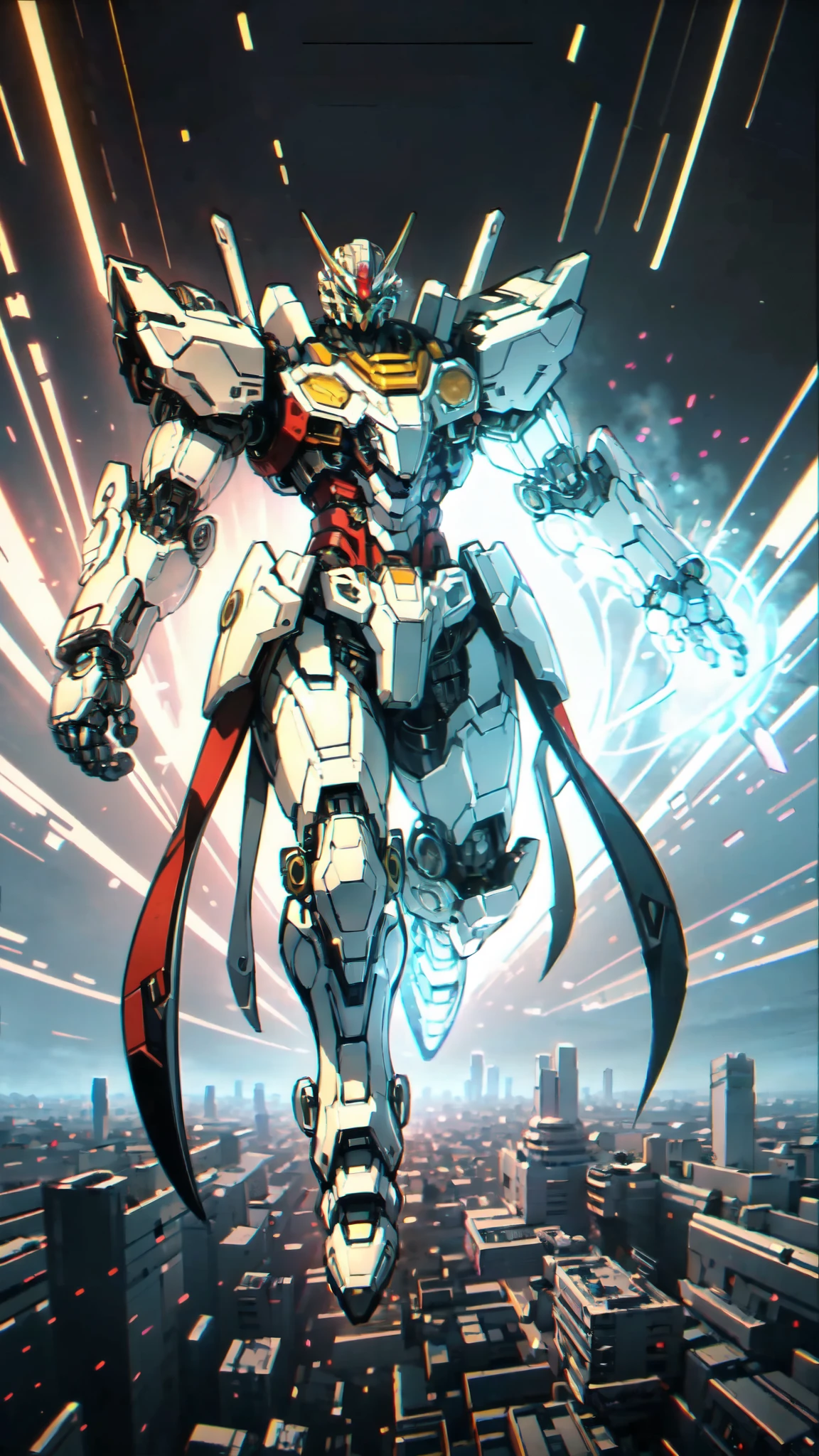 (masterpiece:1.5, best quality:1.5, extremely delicate:1.5), humanoid Mecha, fully enclosed shoulder guards, matching arm and leg guards, full body, full armor, the design balances heavy with agility, (the color scheme is primarily white with red and blue accents, the concept Inspired by Super robot, organic biotech armor, standing, floating high above the futuristic sci-fi city), exquisite and mature art style, (aura effect, energy, glowing eyes, the armor glows), metallic, dramatic, high definition, highres, ultra-detailed, ultra-fine painting, professional, perfect body proportions, anatomically correct, symmetrical face, extremely detailed eyes and face, high quality eyes, creativity, RAW photo, UHD, 32k, Natural light, cinematic lighting, masterpiece-anatomy-perfect