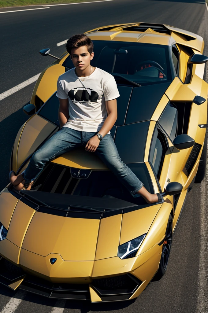  boy sitting casually on the "Lamborghini car ". The character must wearing ''PASI'' name printed tshirt. The background of the image is a road , 3d
