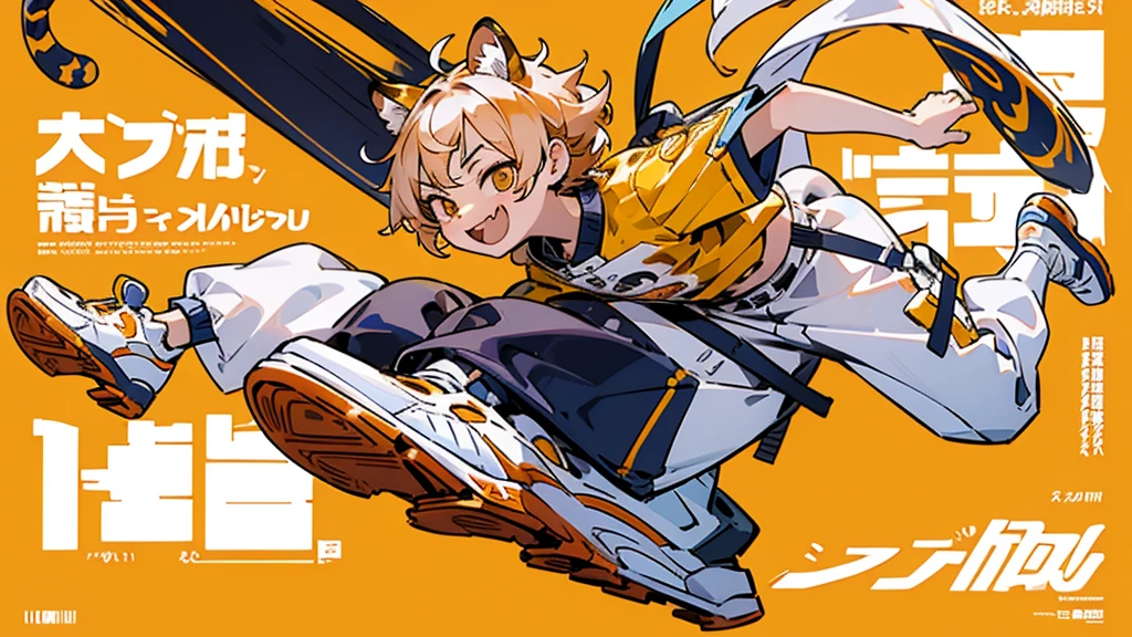 サイバーパンク, オーバーサイズパーカー, Wearing big sneakers, whole body, Simple Background, Magazine cover style, Tiger themed characters, amberのイメージカラー, Cheerful boy, Jumping, short hair, tsurime, cat ears, skin fang, grin, tachi-e, projected inset, UHD, best quality, highres, 8k
