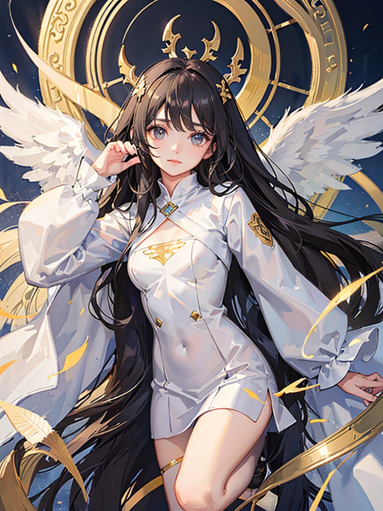 Young beautiful girl angel,golden shining eyes, long black wavy hair, white simple clothes, cute white wings, White Horns, innocence, natural background