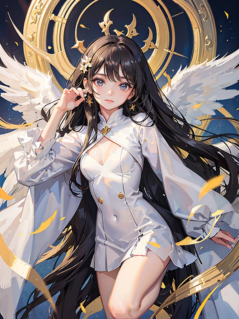 Young beautiful girl angel,golden shining eyes, long black wavy hair, white simple clothes, cute white wings, White Horns, innocence, natural background